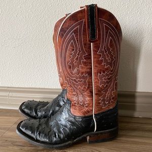 Anderson Bean Mens Black Full Quill Ostrich/Rust Lava Square Toe 11D